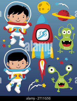illustration vectorielle de personnages de dessins animés astronautes dans l'espace extra-atmosphérique avec des extraterrestres, vaisseau spatial et planètes Illustration de Vecteur