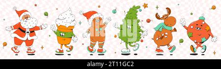 Personnages de mascotte groovy de Noël. Père Noël, biscuits, sapin de Noël, cerf et bal du nouvel an. Illustration de Vecteur