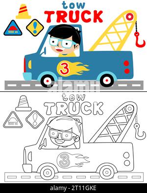 Illustration vectorielle de dessin animé de petit garçon conduisant une dépanneuse sur la route avec des panneaux de signalisation, un livre de coloriage ou une page Illustration de Vecteur