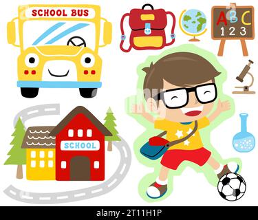 Vecteur ensemble de dessins animés d'éléments scolaires avec étudiant heureux jouant au football Illustration de Vecteur