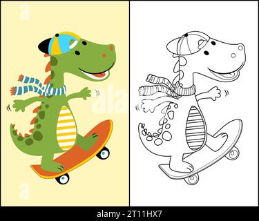 Dessin animé de mignon dino jouant skateboard, livre de coloriage ou page Illustration de Vecteur