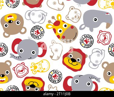 Vecteur modèle sans couture de visage de dessin animé d'animaux souriants. Éléphant, rhinocéros, girafe et ours Illustration de Vecteur