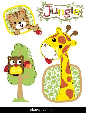 Illustration vectorielle de dessin animé d'animaux de jungle. Girafe, tigre et hibou perché sur l'arbre Illustration de Vecteur