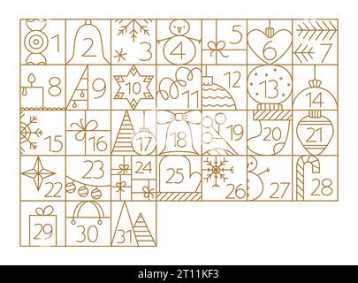 Éléments du calendrier de l'Avent de décembre de Noël avec des illustrations de lignes mignonnes. Grille de contour avec bonhomme de neige, jouet, icône de cloche. Illustration de Vecteur