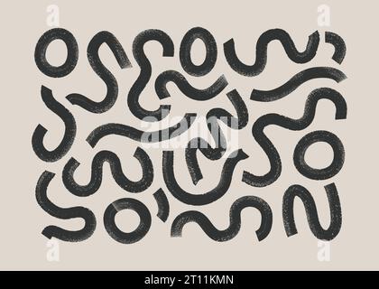 Lignes bouclées audacieuses simples, vagues rouges, jeu de squiggles. Illustration vectorielle noire avec bannière de traits texturés, art mural, modèle de carte. Illustration de Vecteur