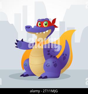 Super-héros crocodile violet de dessin animé en grand manteau jaune. Personnage de vecteur dans le masque d'espionnage pour le jeu. livre pour enfants, éducation, web ou advertisign Illustration de Vecteur