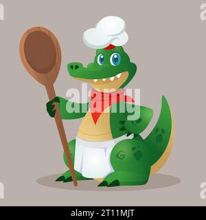 Chef de crocodile de dessin animé avec grande cuillère wodden. Personnage de vecteur dans le chapeau de chef et tablier pour le jeu. livre pour enfants, éducation, web ou advertisign Illustration de Vecteur