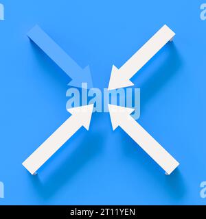 flèches blanches et bleues convergeant. rendu 3d. Banque D'Images