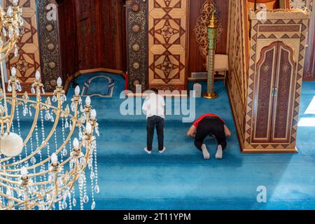 Adulte et enfant prient à l'intérieur de la mosquée avec un tapis bleu Banque D'Images