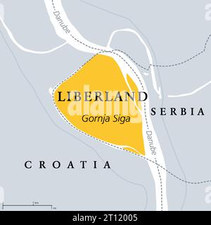 République libre du Liberland, carte politique. Micronation méconnue en Europe, revendiquant des terres disputées inhabitées sur le Danube entre la Croatie et la Serbie. Banque D'Images