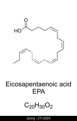 Acide eicosapentaénoïque, EPA, formule chimique. Acide timnodonique, acide gras oméga-3 polyinsaturé contenu dans les poissons gras, les algues comestibles et le lait maternel. Banque D'Images