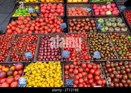 Présentation de tomates variétés de tomates en vente à l'extérieur à la boutique Bora & Sons sur Lordship Lane East Dulwich Sud Londres Angleterre Royaume-Uni 2023 KATHY DEWITT Banque D'Images