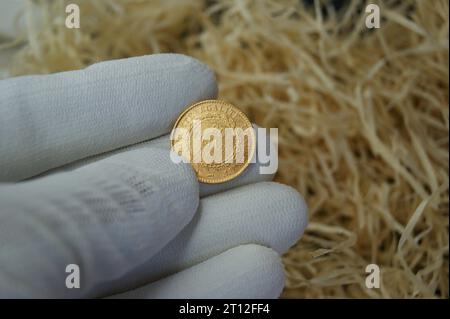 20 francs 1885. Une vieille pièce d'or française dans la main d'un numismatiste. Photo de haute qualité. Banque D'Images