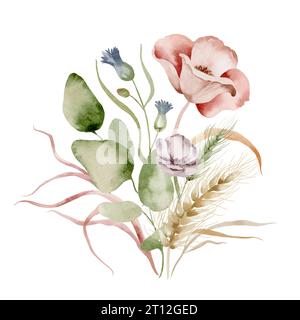 Bouquet d'aquarelle de fleurs sauvages. Ensemble d'illustration de bouquet floral de fleurs séchées sur un fond blanc dessiné à la main. Banque D'Images