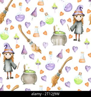 Joyeux Halloween modèle sans couture avec wich, citrouille sur fond blanc Banque D'Images