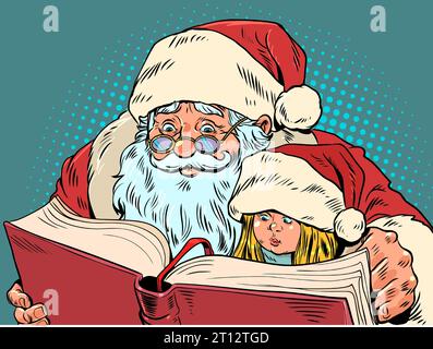 Passer Noël avec ses proches. Le Père Noël lit un livre à une petite fille. Ventes saisonnières pour librairies et marchés. Pop Art rétro Illustration de Vecteur