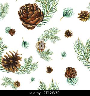 Aquarelle modèle sans couture de pomme de pin aquarelle et branches de sapin illustration dessinée à la main isolé sur blanc Banque D'Images