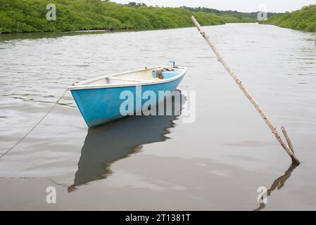 Un bateau bleu et blanc ancré dans une rivière en attente de départ. Bateaux de pêche. Ville de Maragogipe, Brésil. Banque D'Images