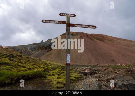 Signes pourFot chemin vu lors de la randonnée à Landmannalaugar, un endroit dans la réserve naturelle islandaise de Fjallabak dans les Highlands. Banque D'Images