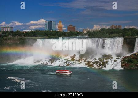 Vue de l'Ontario Canada des chutes américaines avec un arc-en-ciel et un bateau de croisière sous le mouvement dans l'eau de Nigara Falls. Banque D'Images