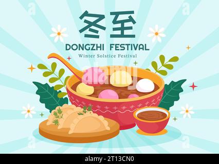 Dongzhi ou Winter Solstice Festival Vector Illustration le 22 décembre avec de la nourriture chinoise Tangyuan et Jiaozi dans la conception de fond de dessin animé plat Illustration de Vecteur