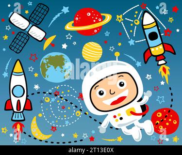 Dessin animé vectoriel de mignon petit garçon en costume d'astronaute avec illustration d'éléments d'espace Illustration de Vecteur