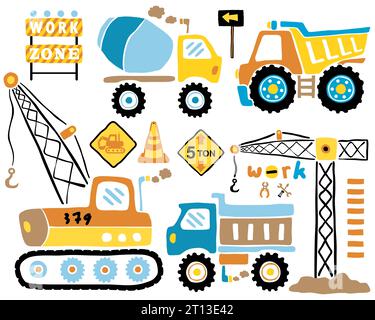 Ensemble vectoriel de dessins animés de véhicules de construction dessinés à la main avec des éléments de construction Illustration de Vecteur