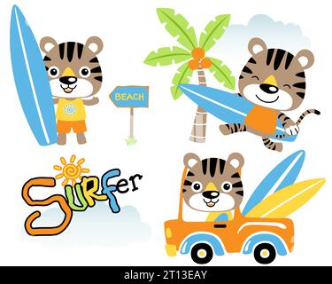 Ensemble de vecteur de dessin animé petit chat en activité, dessin animé d'éléments de surf Illustration de Vecteur