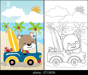 Dessin animé de drôle d'ours avec petit crabe sur la voiture portant planche de surf dans la plage aux vacances d'été Illustration de Vecteur