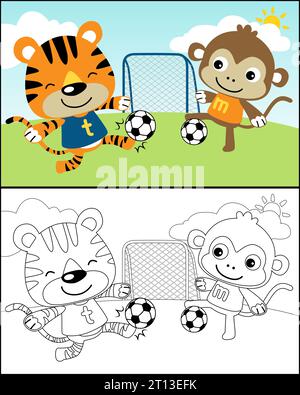 Illustration de dessin animé vectoriel avec tigre drôle et singe jouant au football, livre de coloriage ou page Illustration de Vecteur