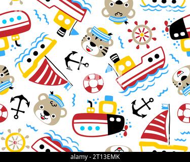 Vecteur de modèle sans couture de dessins animés d'éléments de voile avec des animaux drôles marin Illustration de Vecteur