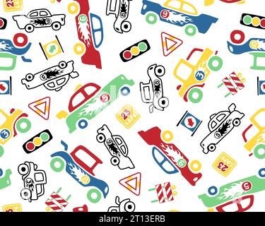 Vecteur de motif sans couture de dessins animés d'éléments de voitures de course Illustration de Vecteur