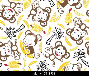 vecteur de motif sans couture de dessin animé drôle de singe avec banane et arbre de bananes Illustration de Vecteur