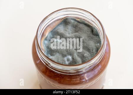 Ouvrez le bocal avec de la confiture sucrée et du moule sur un fond blanc. Banque D'Images