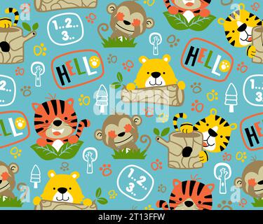 Vecteur de motif sans couture avec dessin animé d'animaux adorables jouant à cache-cache. Tigre, singe, ours et éléments de jungle Illustration de Vecteur