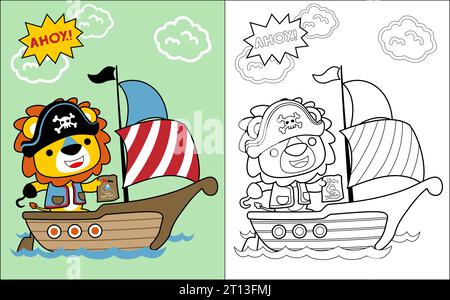 Vecteur de livre de coloriage avec dessin animé de lion en costume de pirate sur le voilier Illustration de Vecteur