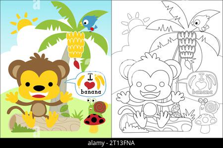 Vecteur de livre de coloriage de petit dessin animé de singe avec de petits amis dans le bananier sur fond de ciel bleu Illustration de Vecteur
