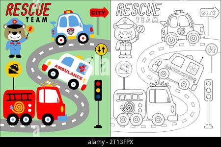 Vecteur de livre de coloriage de dessin animé de véhicule d'équipe de sauvetage avec ours drôle dans le costume de flic de la circulation Illustration de Vecteur
