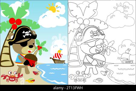 Livre de coloriage vecteur d'ours mignon en costume de pirate portant coffre au Trésor dans la plage avec de petits animaux marins Illustration de Vecteur