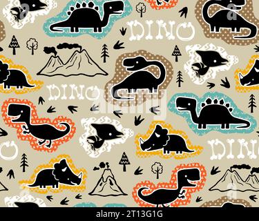 Vecteur de motif sans couture de dessin animé de silhouette de dinosaures, sentier, volcans et arbres Illustration de Vecteur