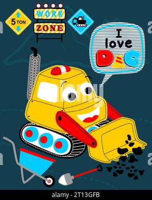 Illustration vectorielle de pelle drôle travaillant avec des outils de travail et des panneaux de construction Illustration de Vecteur
