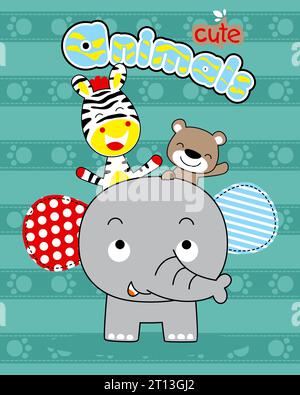 Vecteur de dessin animé animaux mignons avec éléphant, zèbre et ours sur fond rayé Illustration de Vecteur