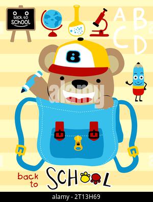 Mignon ours dessin animé portant chapeau dans le sac avec des fournitures scolaires Illustration de Vecteur