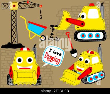 Ensemble de vecteur de dessin animé drôle de pelle avec des éléments de construction Illustration de Vecteur