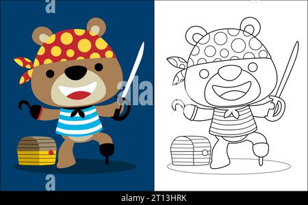 Illustration vectorielle de livre de coloriage avec dessin animé drôle d'ours en costume de pirate avec coffre au Trésor Illustration de Vecteur