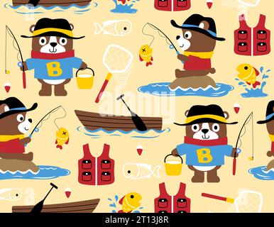 Vecteur de motif sans couture de dessin animé drôle d'ours attraper des poissons, des éléments de pêche à la ligne Illustration de Vecteur