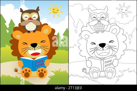Livre de coloriage ou page avec lion et hibou bande dessinée lisant le livre drôle dans la forêt Illustration de Vecteur