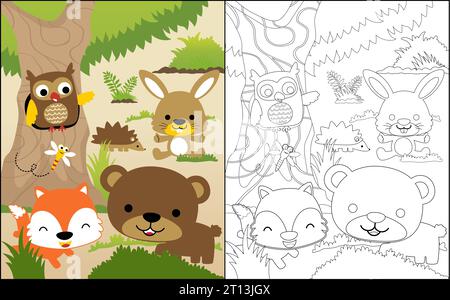Livre de coloriage ou page avec dessin animé d'animaux drôles dans les bois Illustration de Vecteur