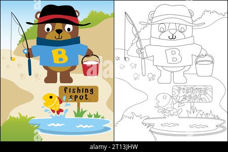 Livre de coloriage ou page avec dessin animé drôle d'ours allant à la pêche Illustration de Vecteur