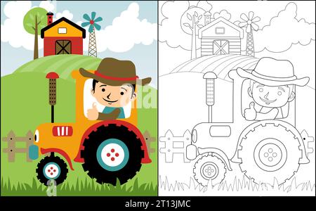 Livre ou page de coloriage avec le tracteur de bande dessinée de jeune agriculteur sur fond agricole Illustration de Vecteur